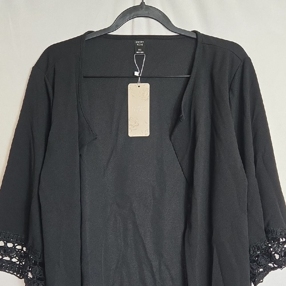 Emery Rose Black Open Front Crochet Sleeve Cardigan